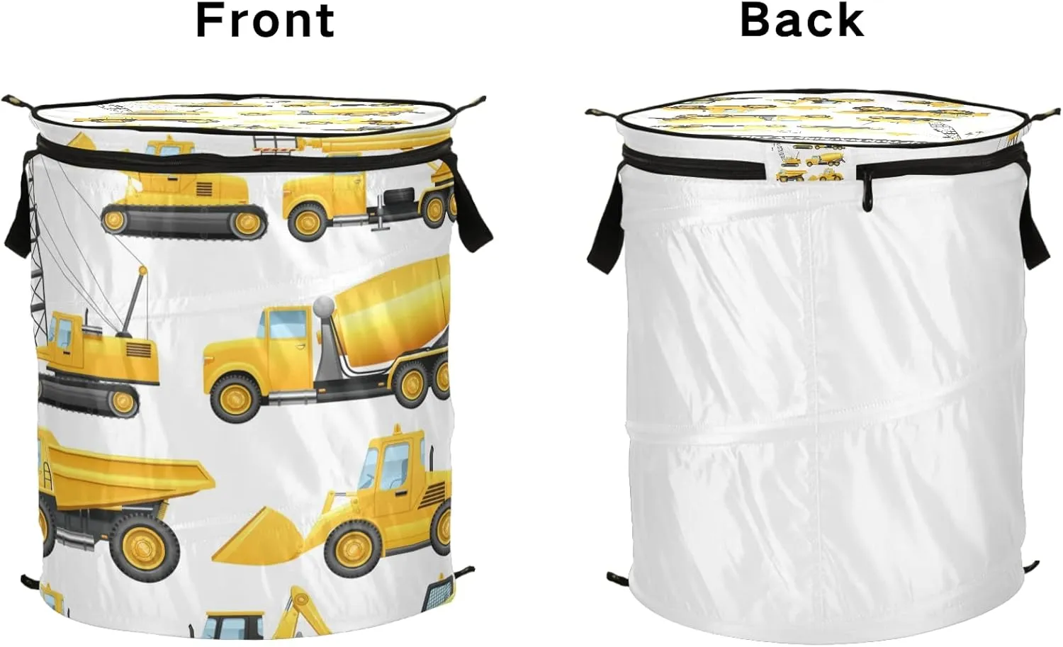 Construction Equipment Yellow Machinery with Truck Crane Bulldozer Pop Up Laundry Hamper, Collapsible Dirty Clothes Basket with Zipper Lid, Storage Bag Washing Bin for Room College Dorm Travel