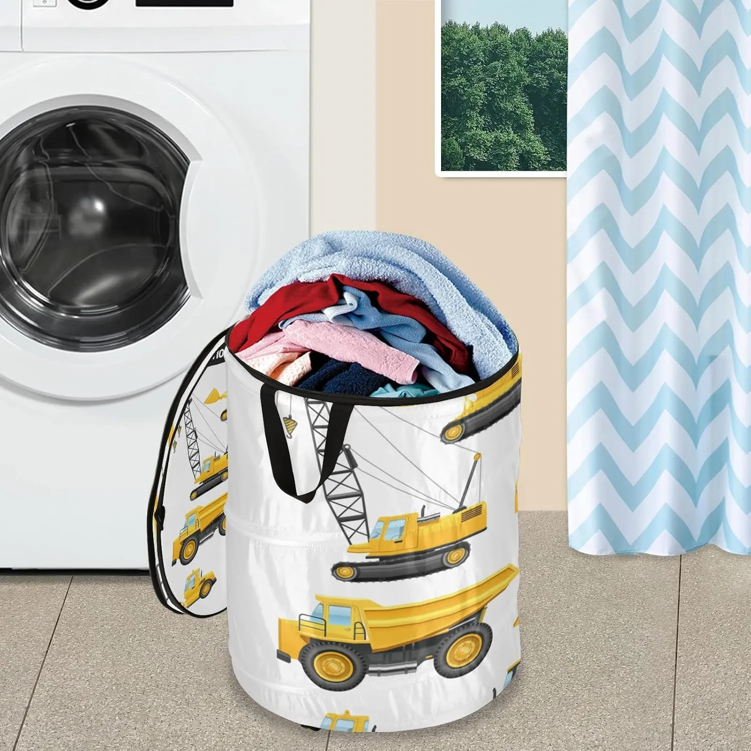 Construction Equipment Yellow Machinery with Truck Crane Bulldozer Pop Up Laundry Hamper, Collapsible Dirty Clothes Basket with Zipper Lid, Storage Bag Washing Bin for Room College Dorm Travel