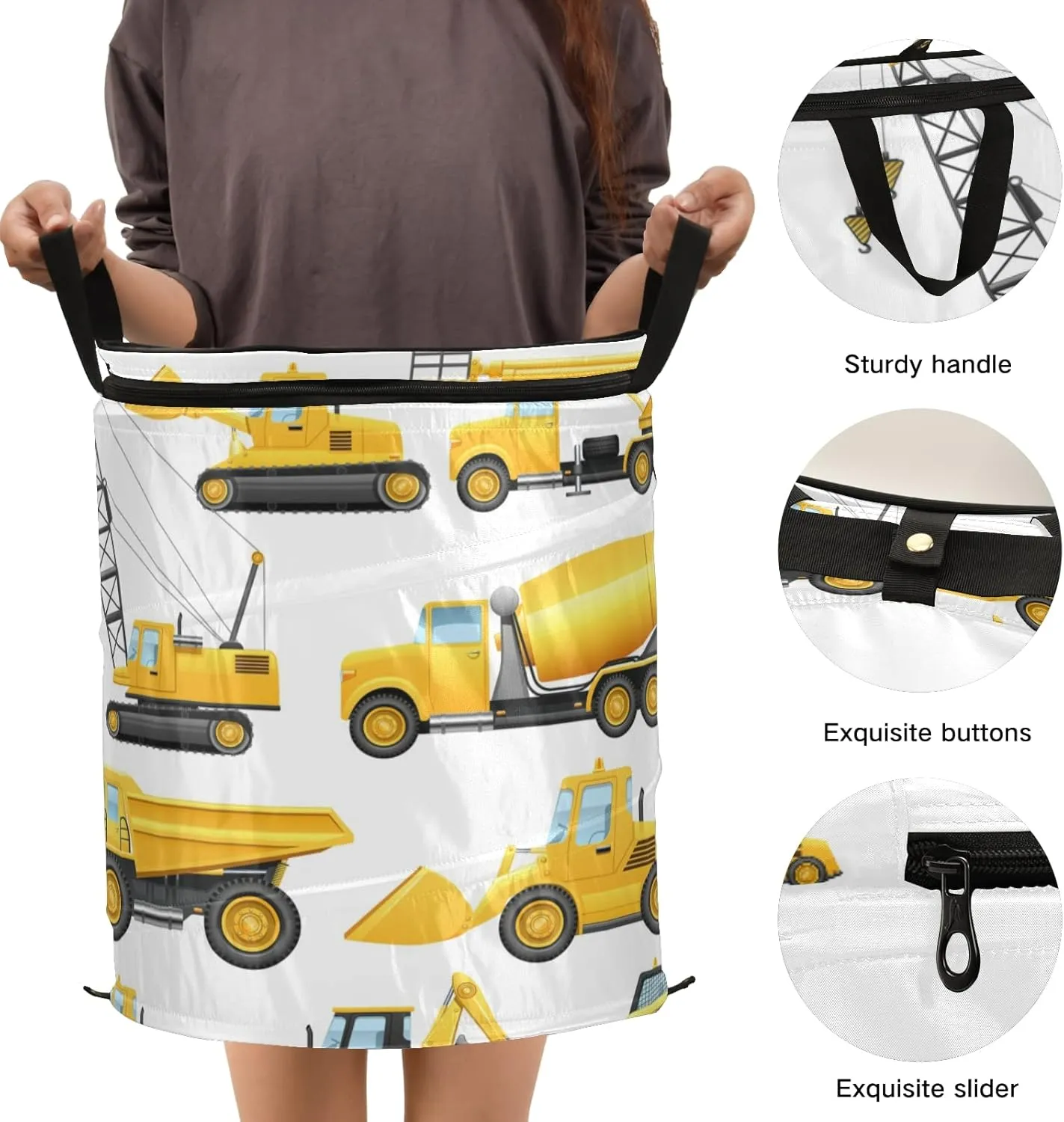 Construction Equipment Yellow Machinery with Truck Crane Bulldozer Pop Up Laundry Hamper, Collapsible Dirty Clothes Basket with Zipper Lid, Storage Bag Washing Bin for Room College Dorm Travel