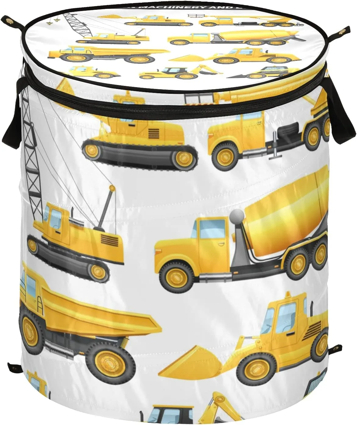 Construction Equipment Yellow Machinery with Truck Crane Bulldozer Pop Up Laundry Hamper, Collapsible Dirty Clothes Basket with Zipper Lid, Storage Bag Washing Bin for Room College Dorm Travel