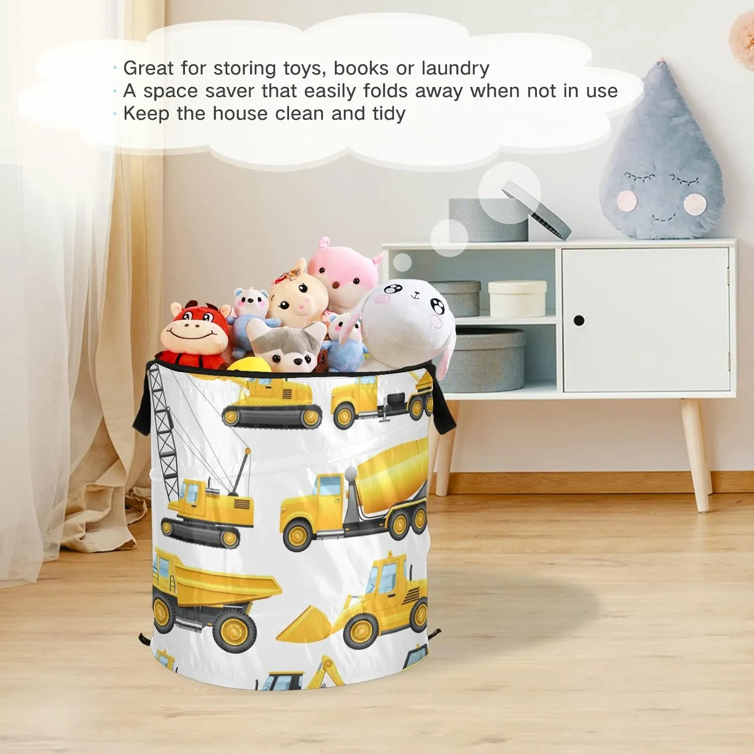 Construction Equipment Yellow Machinery with Truck Crane Bulldozer Pop Up Laundry Hamper, Collapsible Dirty Clothes Basket with Zipper Lid, Storage Bag Washing Bin for Room College Dorm Travel