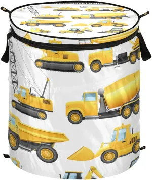Construction Equipment Yellow Machinery with Truck Crane Bulldozer Pop Up Laundry Hamper, Collapsible Dirty Clothes Basket with Zipper Lid, Storage Bag Washing Bin for Room College Dorm Travel