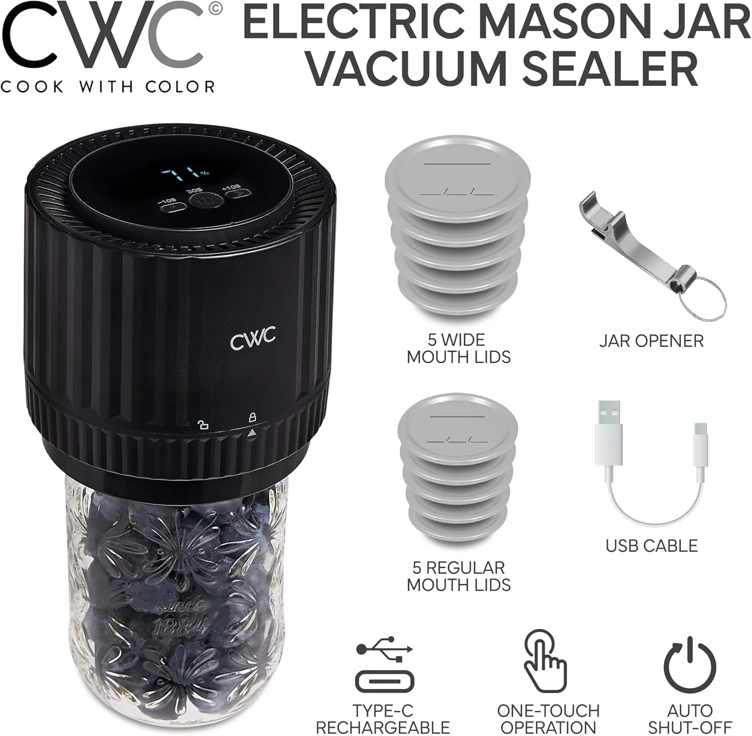COOK WITH COLOR Electric Mason Jar Vacuum Sealer – Freshness Preserver for Food Storage, Easy-to-Use with One-Touch Operation, Black