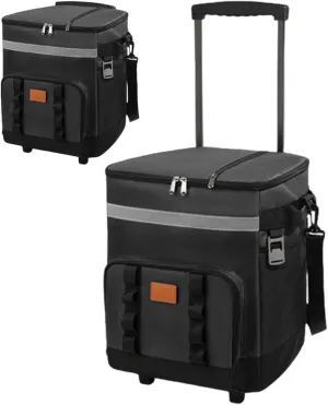 Cooler with Wheels and Handle 35L Large Collapsible Rolling Cooler Bag with Pull Waterproof Rolling Multi-Pocket Zipper Closure Insulated Bag for Outdoor Picnic Beach..