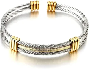 COOLSTEELANDBEYOND Men Women Stainless Steel Twisted Cable Adjustable Cuff Bangle Bracelet