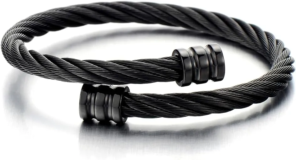 COOLSTEELANDBEYOND Mens Black Twisted Cable Cuff Bangle Bracelet Stainless Steel Polished