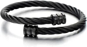 COOLSTEELANDBEYOND Mens Black Twisted Cable Cuff Bangle Bracelet Stainless Steel Polished