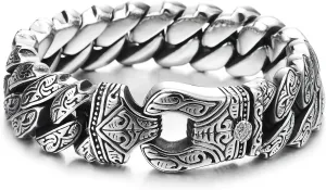 COOLSTEELANDBEYOND Mens Steel Vintage Fancy Curb Chain Bracelet with Tribal Tattoo Pattern, Retro Style, Masculine