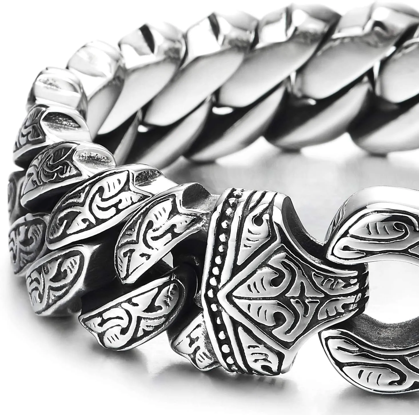 COOLSTEELANDBEYOND Mens Steel Vintage Fancy Curb Chain Bracelet with Tribal Tattoo Pattern, Retro Style, Masculine