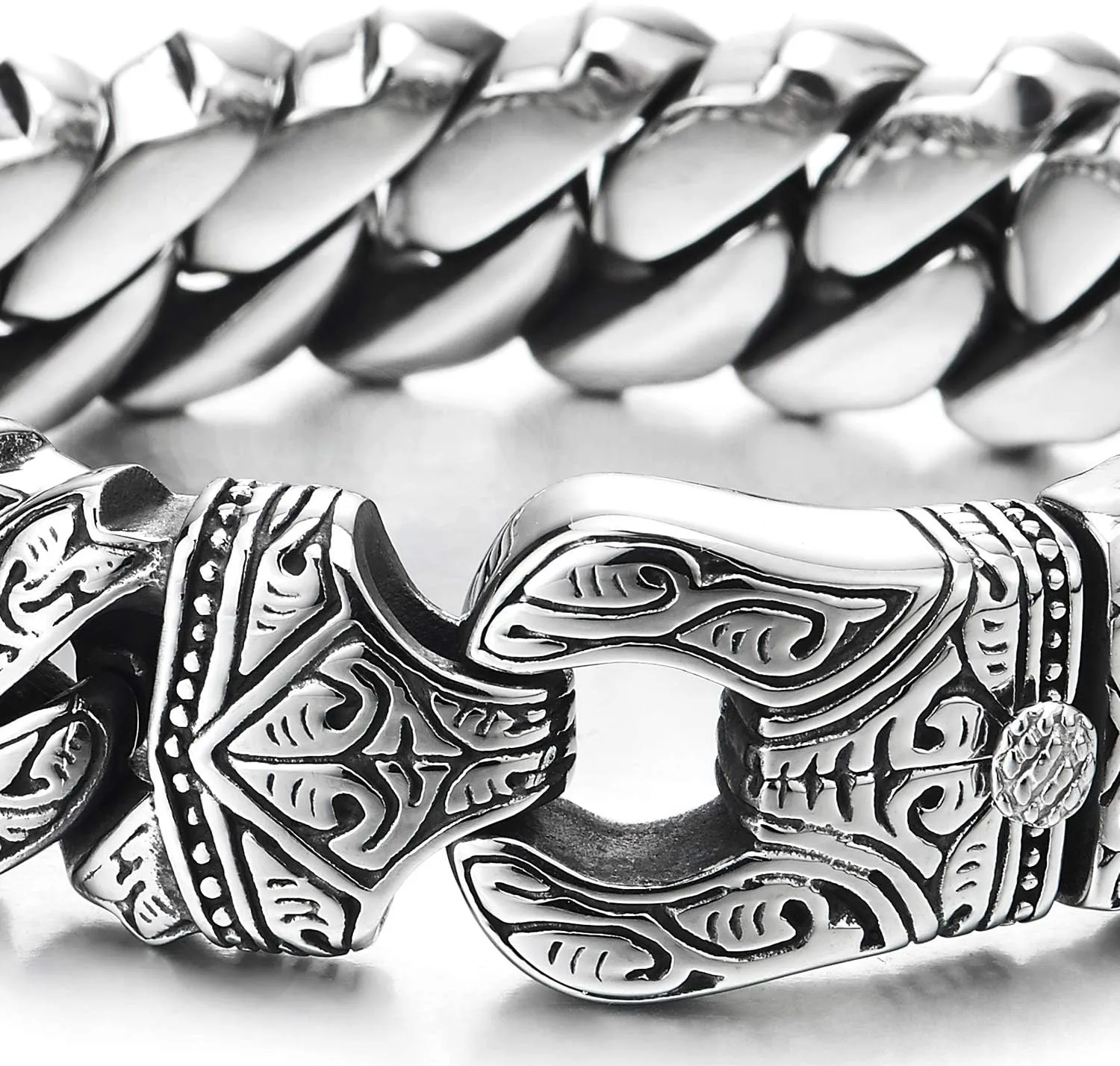 COOLSTEELANDBEYOND Mens Steel Vintage Fancy Curb Chain Bracelet with Tribal Tattoo Pattern, Retro Style, Masculine