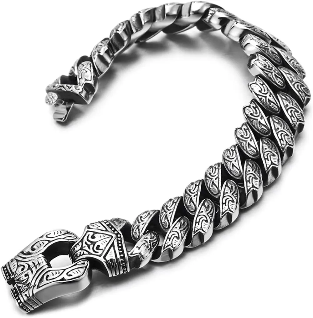 COOLSTEELANDBEYOND Mens Steel Vintage Fancy Curb Chain Bracelet with Tribal Tattoo Pattern, Retro Style, Masculine