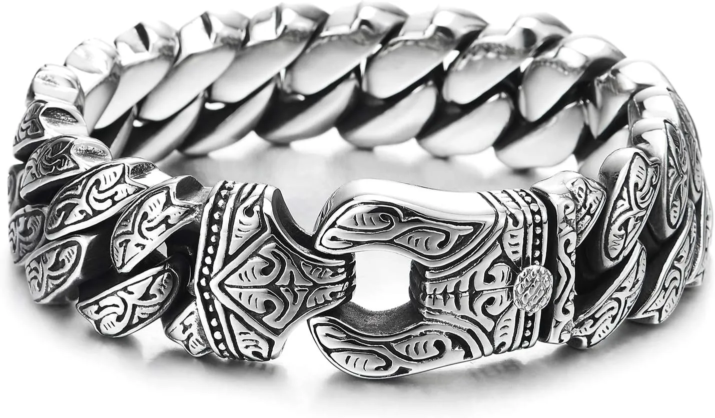 COOLSTEELANDBEYOND Mens Steel Vintage Fancy Curb Chain Bracelet with Tribal Tattoo Pattern, Retro Style, Masculine