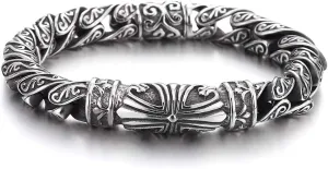 COOLSTEELANDBEYOND Retro Style Tribal, Mens Steel Cross Charm Vintage Link Chain Bracelet Spring Clasp, 8.7 Inches