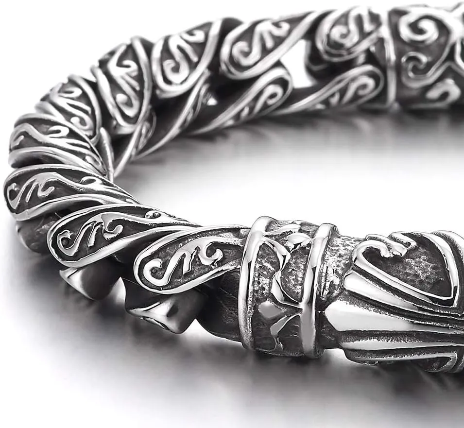 COOLSTEELANDBEYOND Retro Style Tribal, Mens Steel Cross Charm Vintage Link Chain Bracelet Spring Clasp, 8.7 Inches