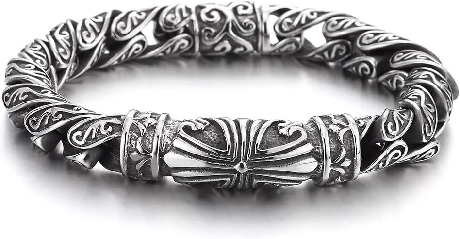 COOLSTEELANDBEYOND Retro Style Tribal, Mens Steel Cross Charm Vintage Link Chain Bracelet Spring Clasp, 8.7 Inches