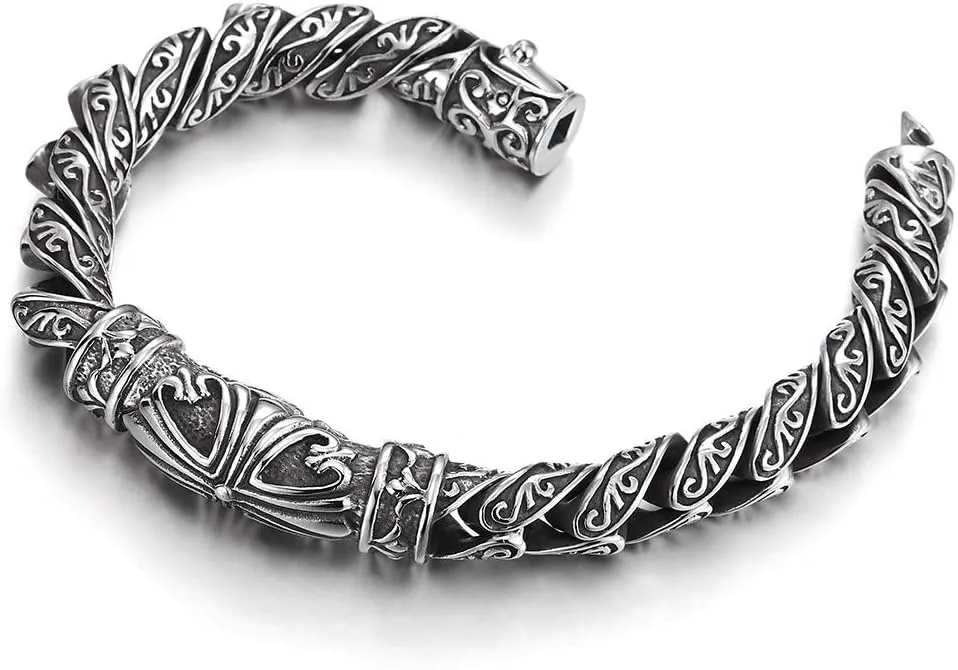 COOLSTEELANDBEYOND Retro Style Tribal, Mens Steel Cross Charm Vintage Link Chain Bracelet Spring Clasp, 8.7 Inches