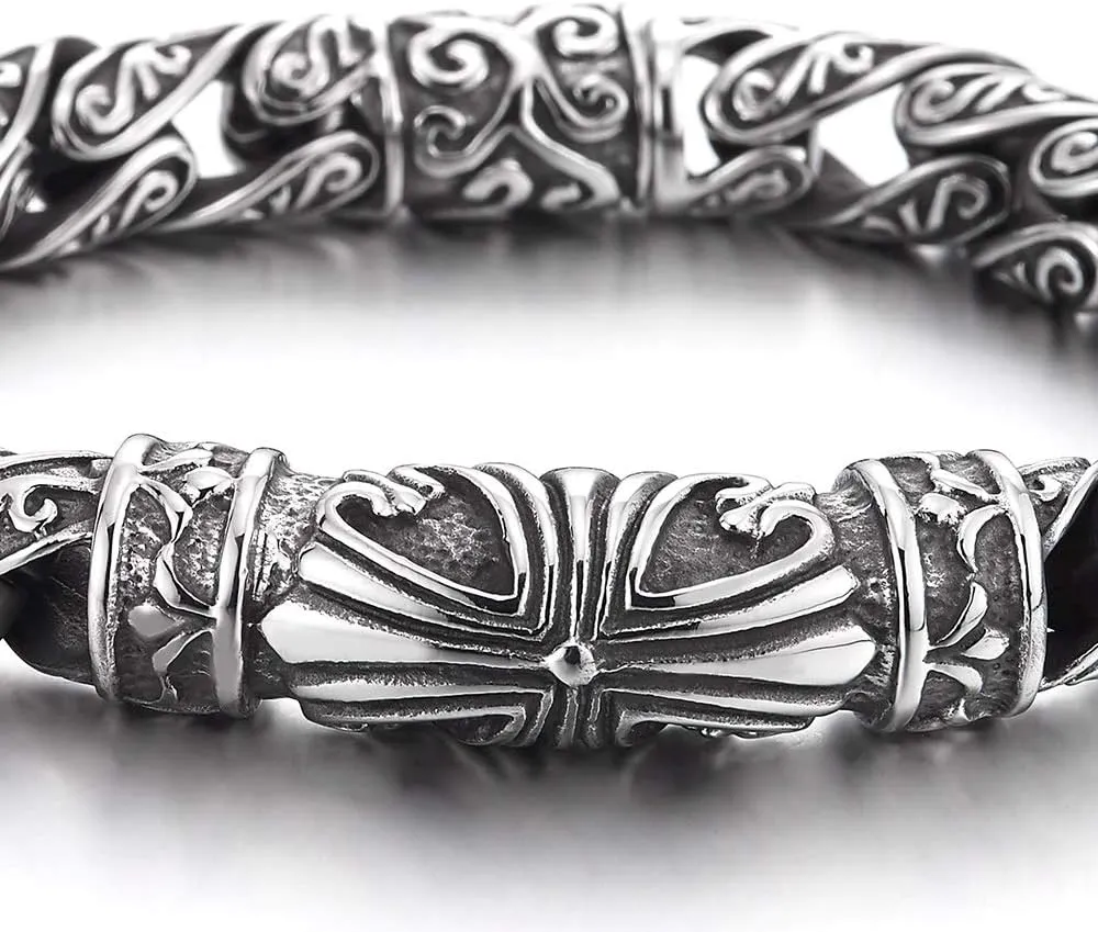 COOLSTEELANDBEYOND Retro Style Tribal, Mens Steel Cross Charm Vintage Link Chain Bracelet Spring Clasp, 8.7 Inches