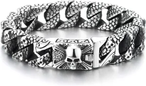 COOLSTEELANDBEYOND Skull Charms Snake Skin Pattern Curb Chain Mens Large Steel Bracelet with Pirate Skulls Clasp
