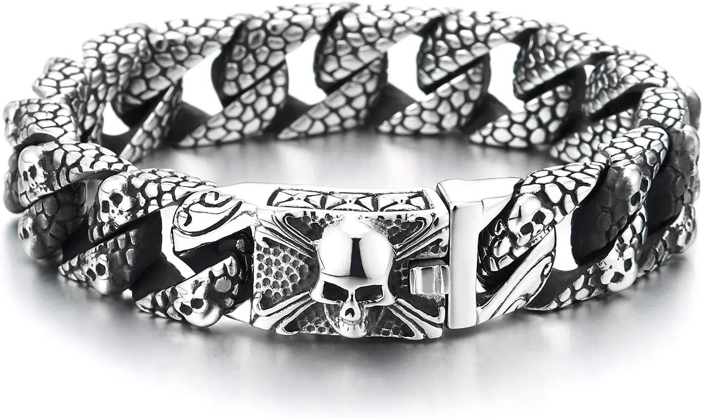 COOLSTEELANDBEYOND Skull Charms Snake Skin Pattern Curb Chain Mens Large Steel Bracelet with Pirate Skulls Clasp