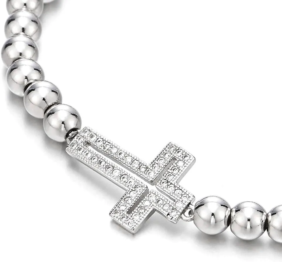 COOLSTEELANDBEYOND Sparkling Beads Bracelet for Women with Cubic Zirconia Horizontal Sideway Cross
