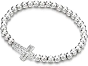 COOLSTEELANDBEYOND Sparkling Beads Bracelet for Women with Cubic Zirconia Horizontal Sideway Cross