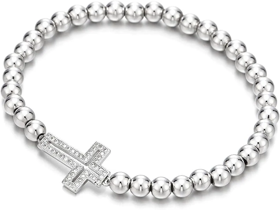 COOLSTEELANDBEYOND Sparkling Beads Bracelet for Women with Cubic Zirconia Horizontal Sideway Cross