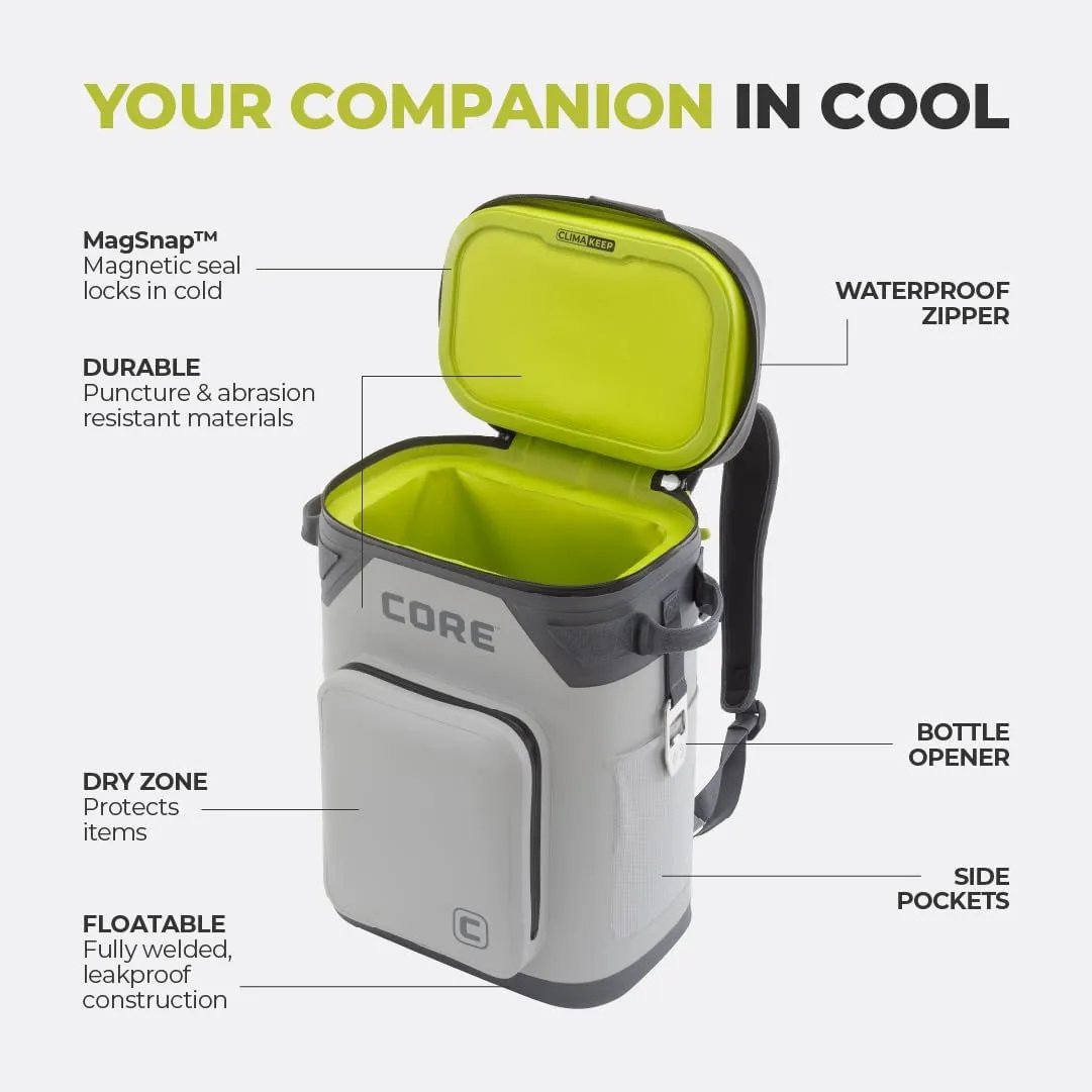 CORE Magnetic Leak Proof Soft Cooler with Waterproof Zipper | Insulated Bag Portable Ice Chest Box | Best Soft Cooler for Food & Beverages for Tailgating, Car Camping, Travel, and Family Beach Picnics