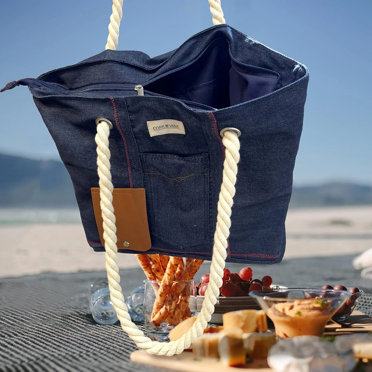 CORK & VINE Wine Tote Bag, Insulated Leakproof Wine Cooler Bag with Nautical Rope Strap | 3x 1.5 Liters Beverage Bag Included