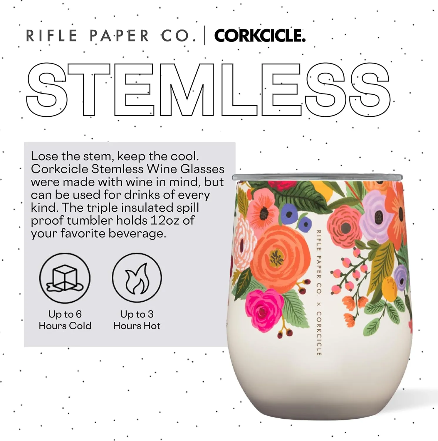 Corkcicle x Rifle Paper Co. Stemless Insulated Wine Glass Tumbler, Garden Party, 12 oz – Stainless Steel Stemless Wine Glass Keeps Beverages Cold 6hrs, Hot 3hrs – Non-Slip, Easy-Grip Insulated Cup