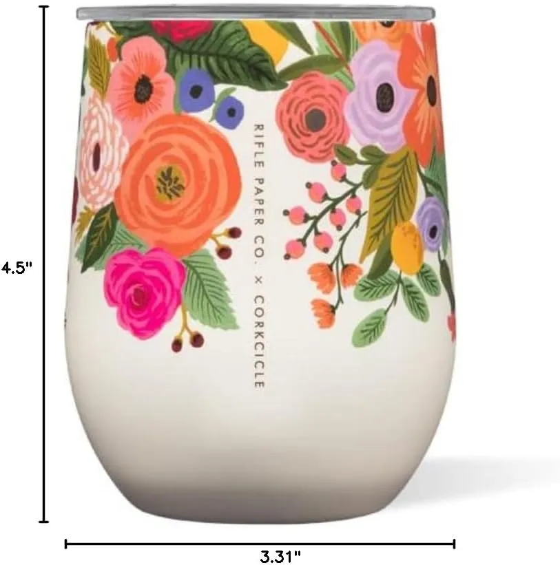 Corkcicle x Rifle Paper Co. Stemless Insulated Wine Glass Tumbler, Garden Party, 12 oz – Stainless Steel Stemless Wine Glass Keeps Beverages Cold 6hrs, Hot 3hrs – Non-Slip, Easy-Grip Insulated Cup