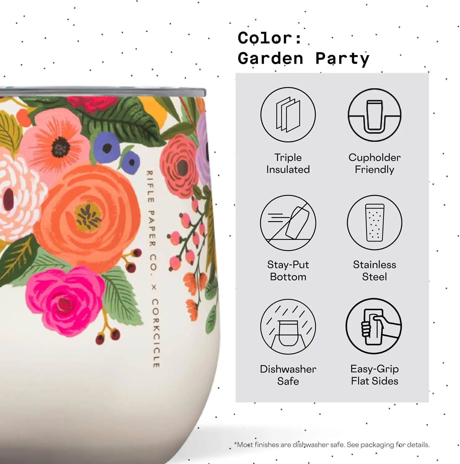 Corkcicle x Rifle Paper Co. Stemless Insulated Wine Glass Tumbler, Garden Party, 12 oz – Stainless Steel Stemless Wine Glass Keeps Beverages Cold 6hrs, Hot 3hrs – Non-Slip, Easy-Grip Insulated Cup