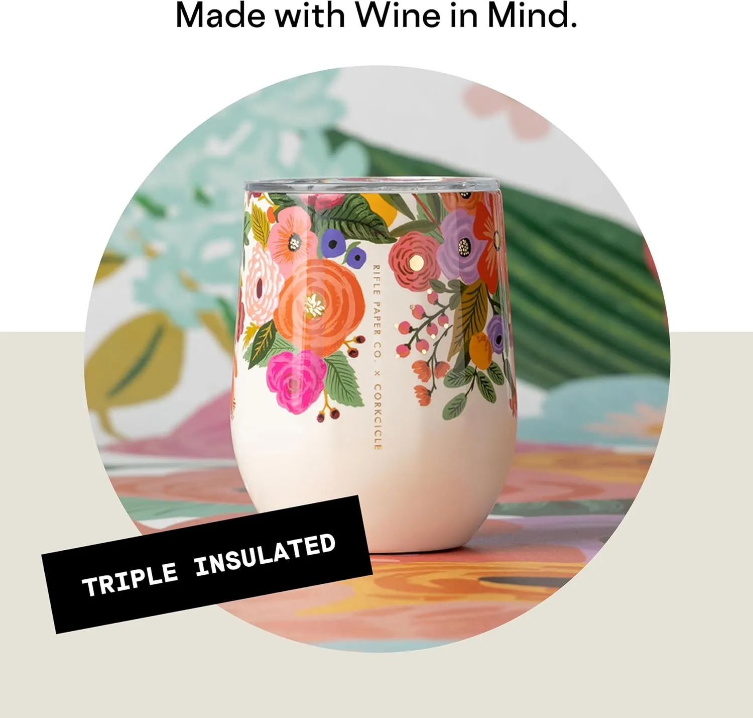 Corkcicle x Rifle Paper Co. Stemless Insulated Wine Glass Tumbler, Garden Party, 12 oz – Stainless Steel Stemless Wine Glass Keeps Beverages Cold 6hrs, Hot 3hrs – Non-Slip, Easy-Grip Insulated Cup