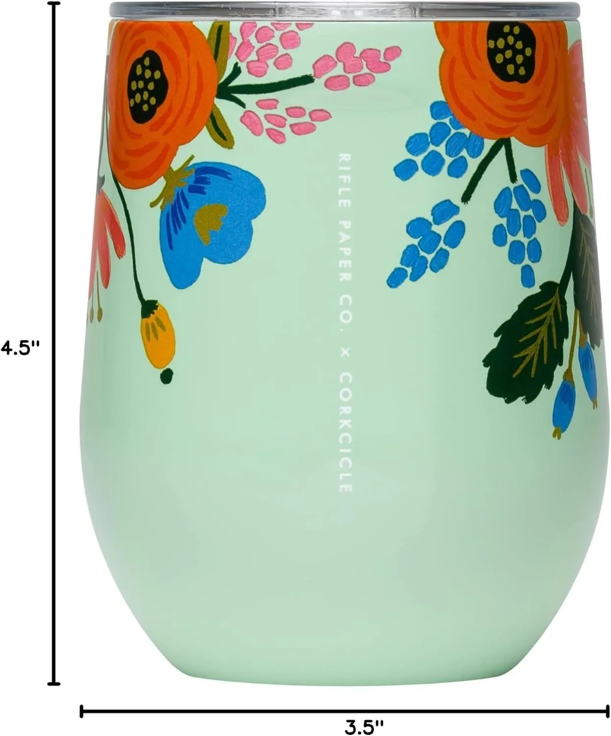 Corkcicle x Rifle Paper Co. Stemless Insulated Wine Glass Tumbler, Mint Lively Floral, 12 oz – Stainless Steel Stemless Wine Glass Keeps Beverages Cold 6hrs, Hot 3hrs – Non-Slip, Easy-Grip Insulated