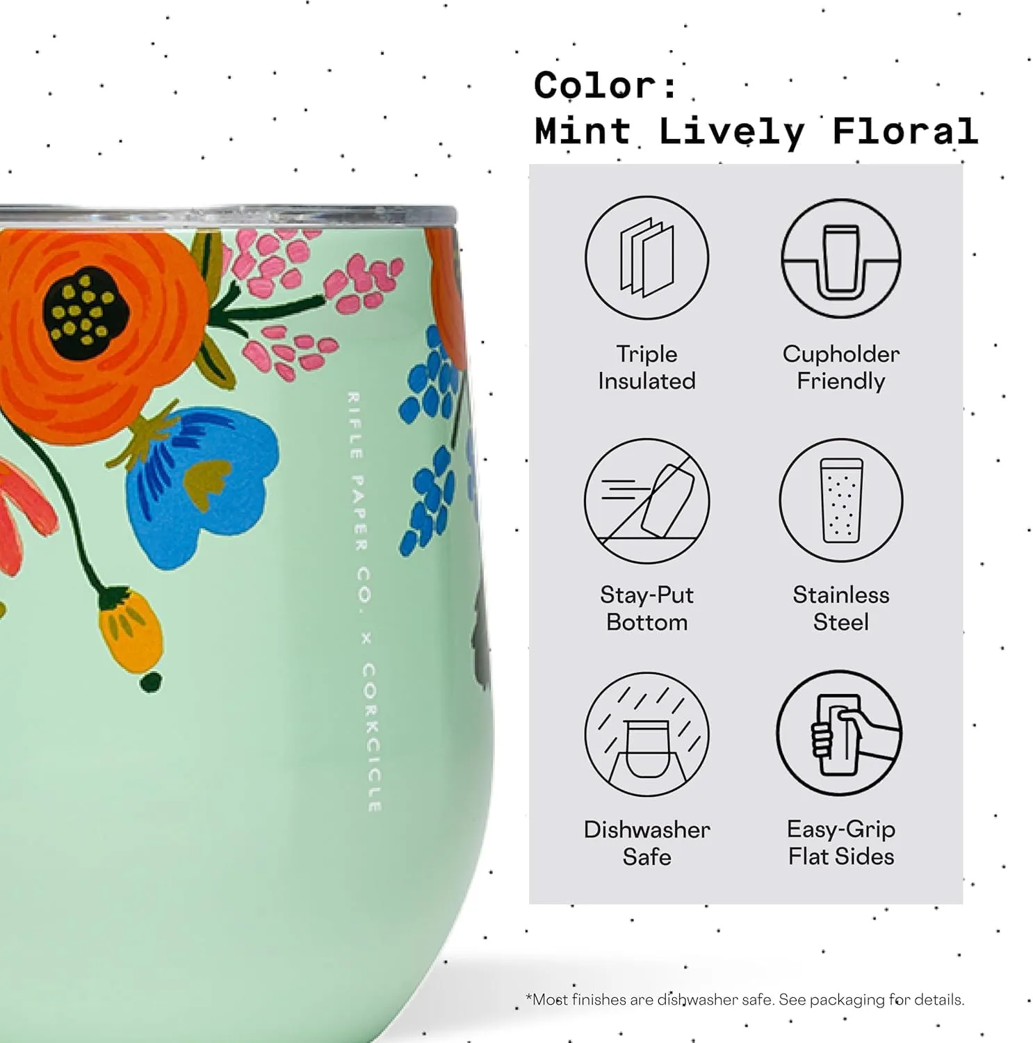 Corkcicle x Rifle Paper Co. Stemless Insulated Wine Glass Tumbler, Mint Lively Floral, 12 oz – Stainless Steel Stemless Wine Glass Keeps Beverages Cold 6hrs, Hot 3hrs – Non-Slip, Easy-Grip Insulated