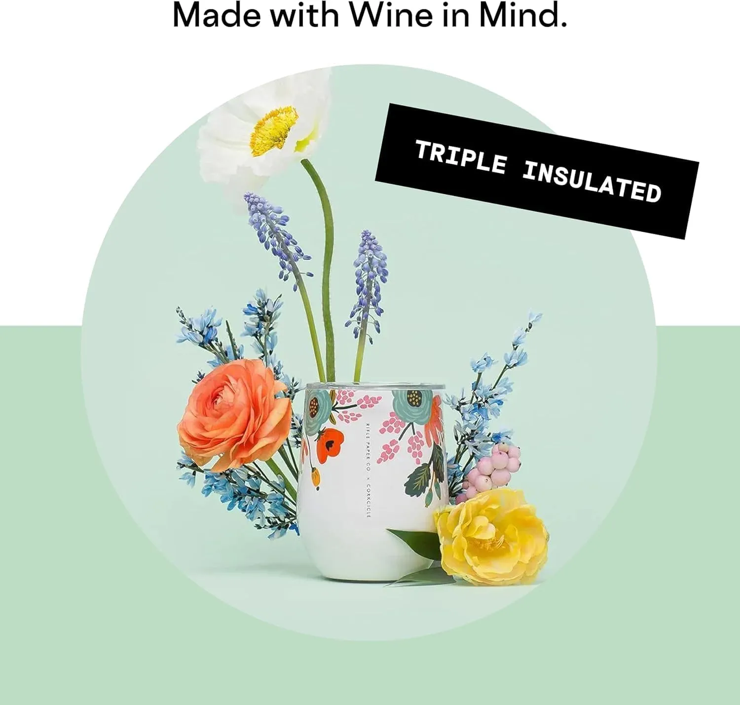 Corkcicle x Rifle Paper Co. Stemless Insulated Wine Glass Tumbler, Mint Lively Floral, 12 oz – Stainless Steel Stemless Wine Glass Keeps Beverages Cold 6hrs, Hot 3hrs – Non-Slip, Easy-Grip Insulated