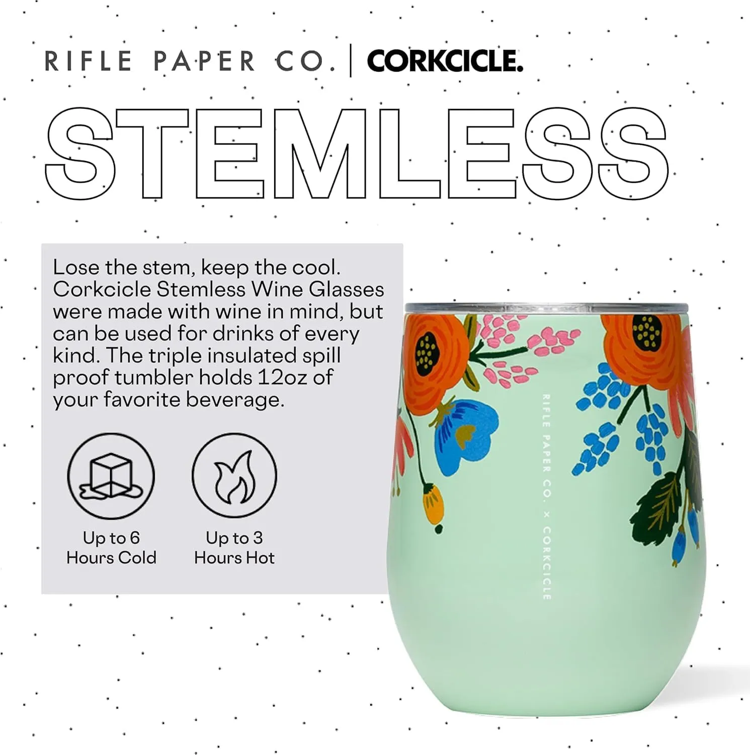 Corkcicle x Rifle Paper Co. Stemless Insulated Wine Glass Tumbler, Mint Lively Floral, 12 oz – Stainless Steel Stemless Wine Glass Keeps Beverages Cold 6hrs, Hot 3hrs – Non-Slip, Easy-Grip Insulated