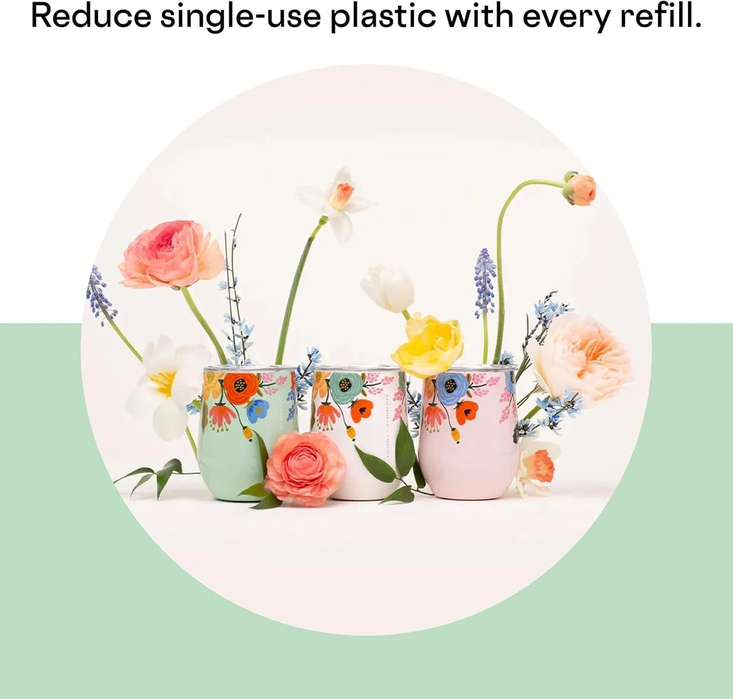 Corkcicle x Rifle Paper Co. Stemless Insulated Wine Glass Tumbler, Mint Lively Floral, 12 oz – Stainless Steel Stemless Wine Glass Keeps Beverages Cold 6hrs, Hot 3hrs – Non-Slip, Easy-Grip Insulated