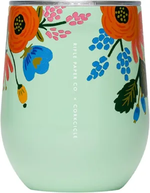 Corkcicle x Rifle Paper Co. Stemless Insulated Wine Glass Tumbler, Mint Lively Floral, 12 oz – Stainless Steel Stemless Wine Glass Keeps Beverages Cold 6hrs, Hot 3hrs – Non-Slip, Easy-Grip Insulated