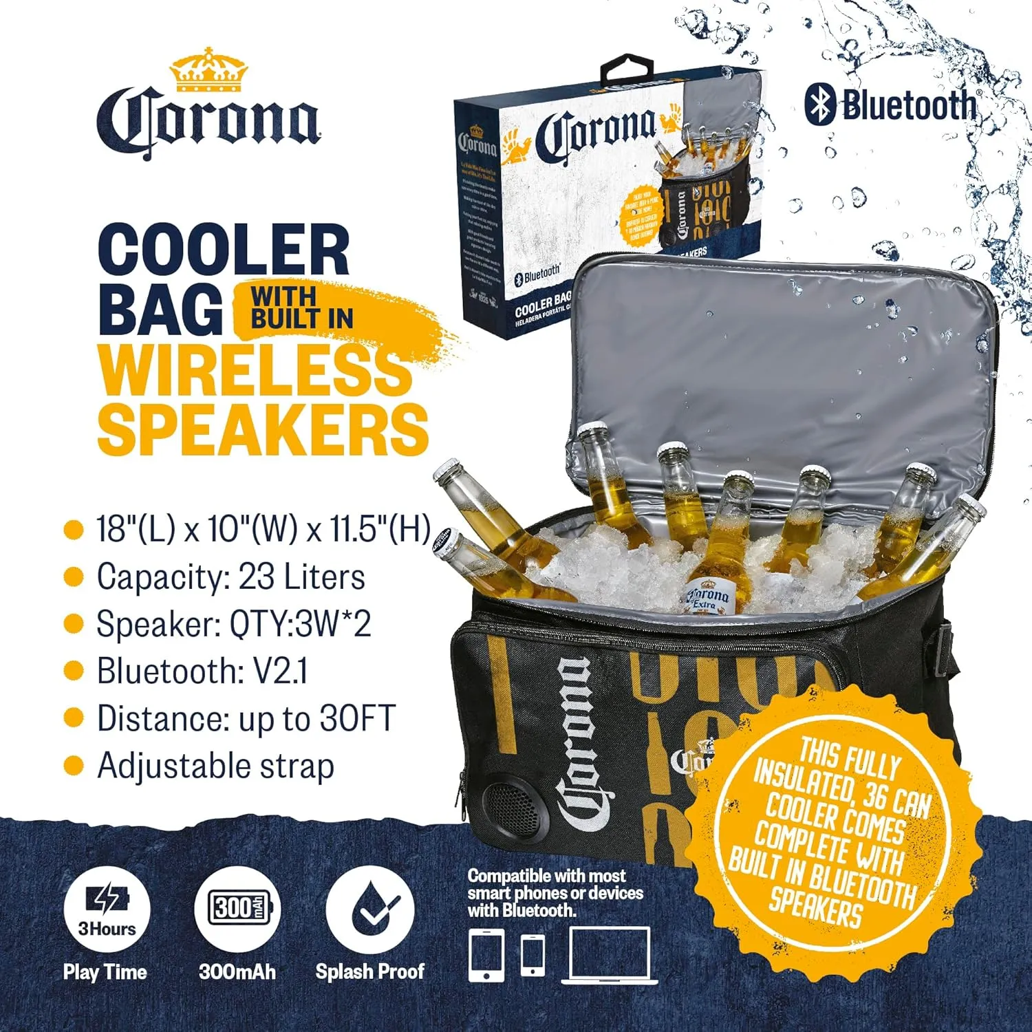 Corona Insulated Cooler with Speakers Holds 36 cans - Modern Floating Cooler with Speakers Super Portable Travel Cooler Durable Speaker with Bluetooth for Parties, Festivals, Boats, and Beaches