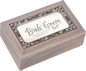 Cottage Garden Bride and Groom Brushed Pewter Jewelry Music Box Plays How Great Thou Art