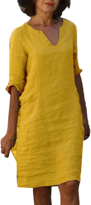Cotton Linen Dress for Women Casual Summer Elegant V Neck 3/4 Sleeve Shirt Dress Cruise Beach Vacation Mini Dresses