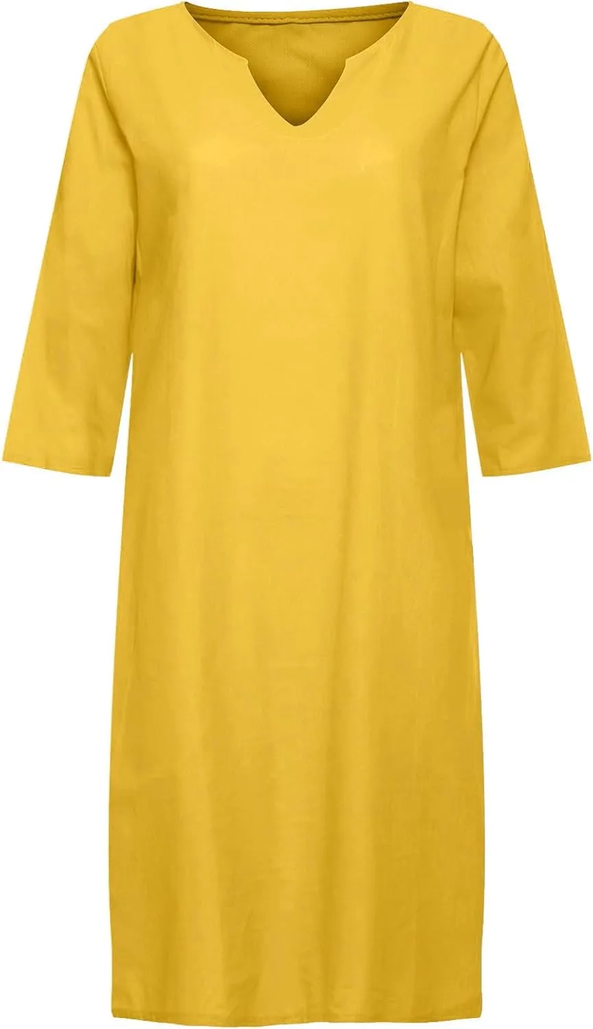 Cotton Linen Dress for Women Casual Summer Elegant V Neck 3/4 Sleeve Shirt Dress Cruise Beach Vacation Mini Dresses