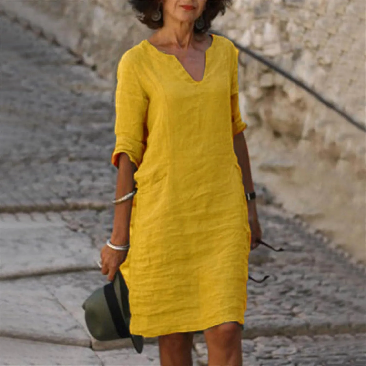 Cotton Linen Dress for Women Casual Summer Elegant V Neck 3/4 Sleeve Shirt Dress Cruise Beach Vacation Mini Dresses