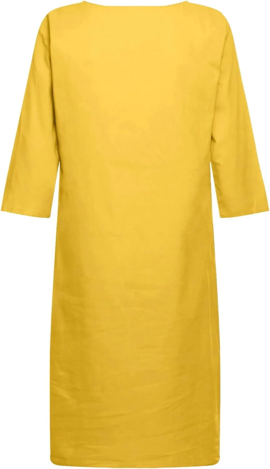 Cotton Linen Dress for Women Casual Summer Elegant V Neck 3/4 Sleeve Shirt Dress Cruise Beach Vacation Mini Dresses