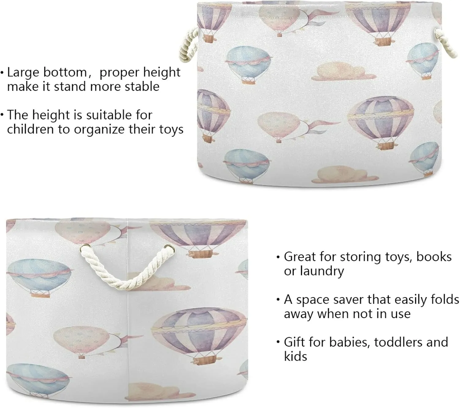 Cotton Rope Basket Watercolor Hot Air Balloon Baby Laundry Basket for Blankets Toys Storage Basket