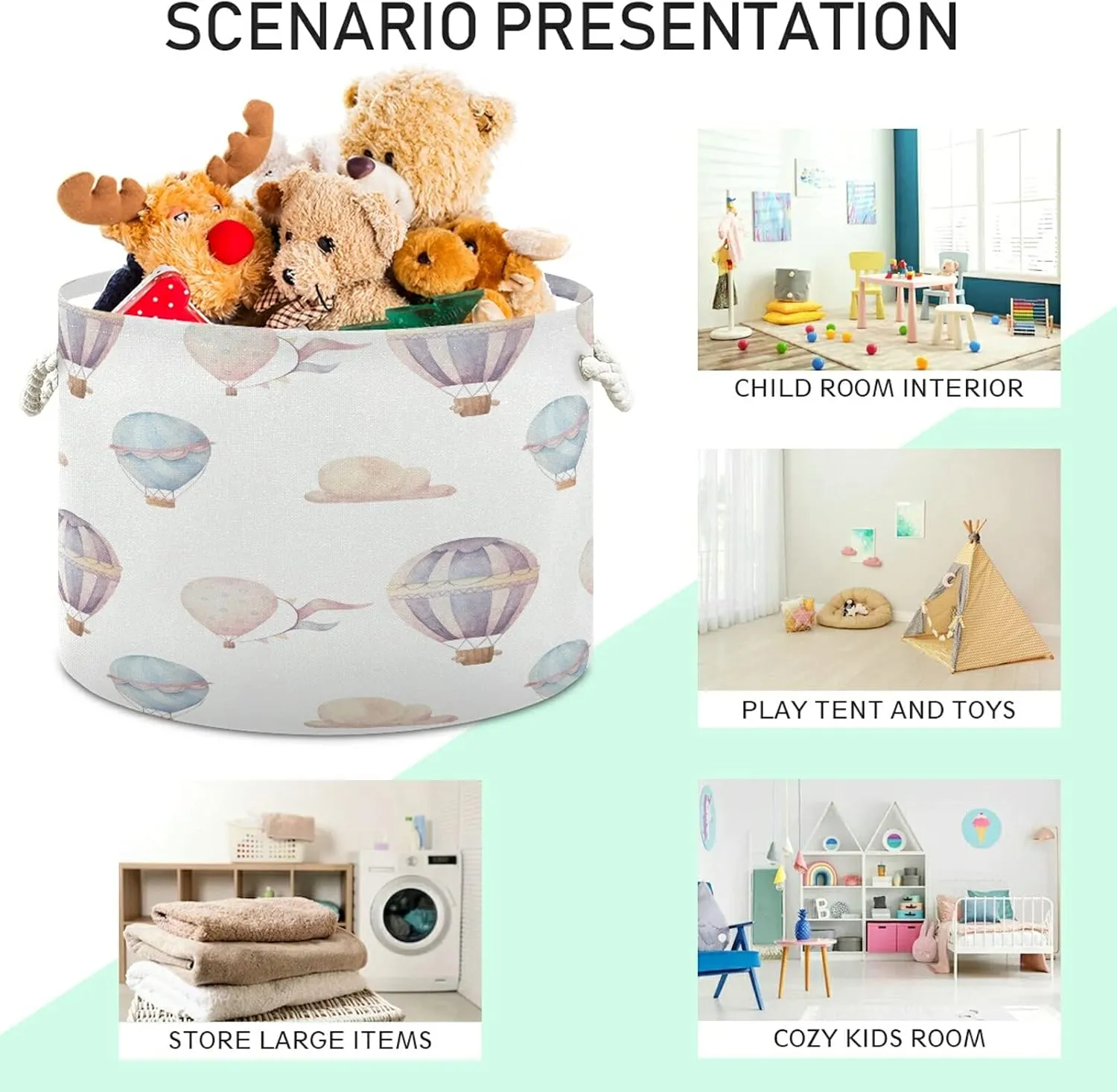 Cotton Rope Basket Watercolor Hot Air Balloon Baby Laundry Basket for Blankets Toys Storage Basket