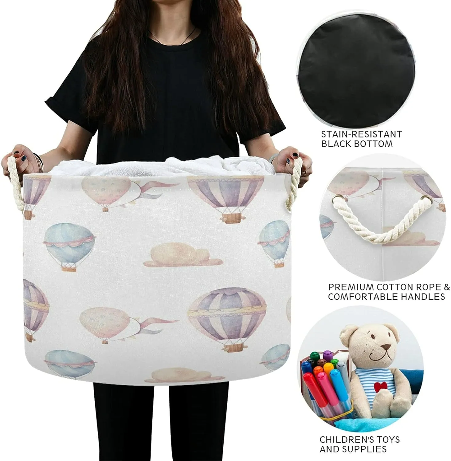 Cotton Rope Basket Watercolor Hot Air Balloon Baby Laundry Basket for Blankets Toys Storage Basket