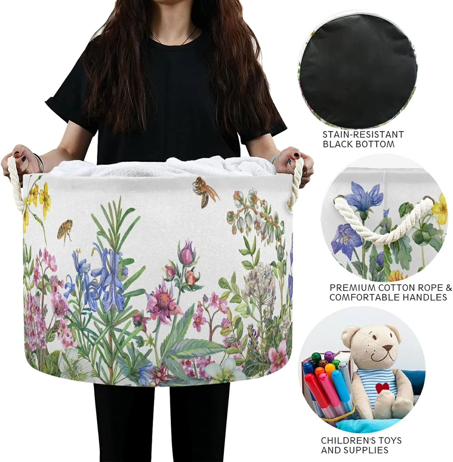 Cotton Rope Laundry Basket Wildflowers Baby Laundry Basket for Blankets Toys Storage Basket