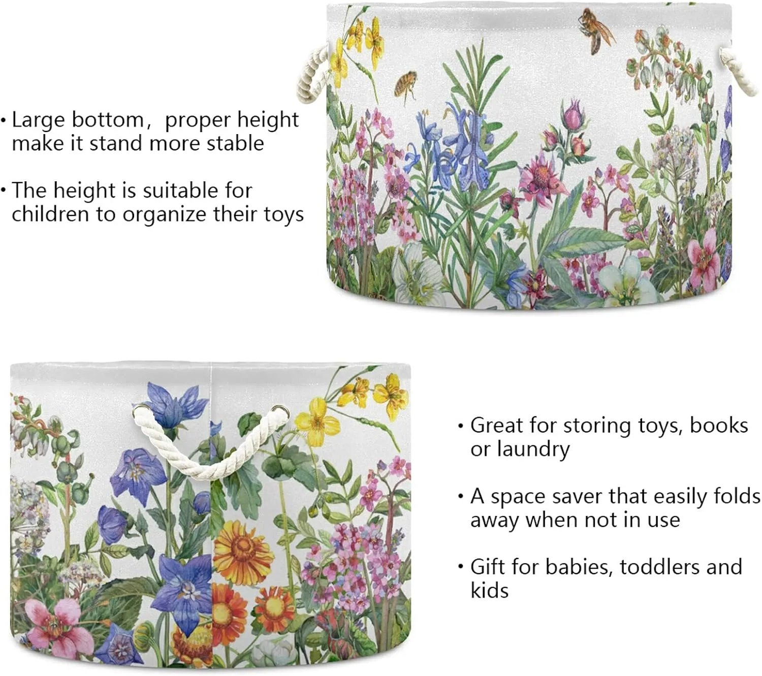 Cotton Rope Laundry Basket Wildflowers Baby Laundry Basket for Blankets Toys Storage Basket