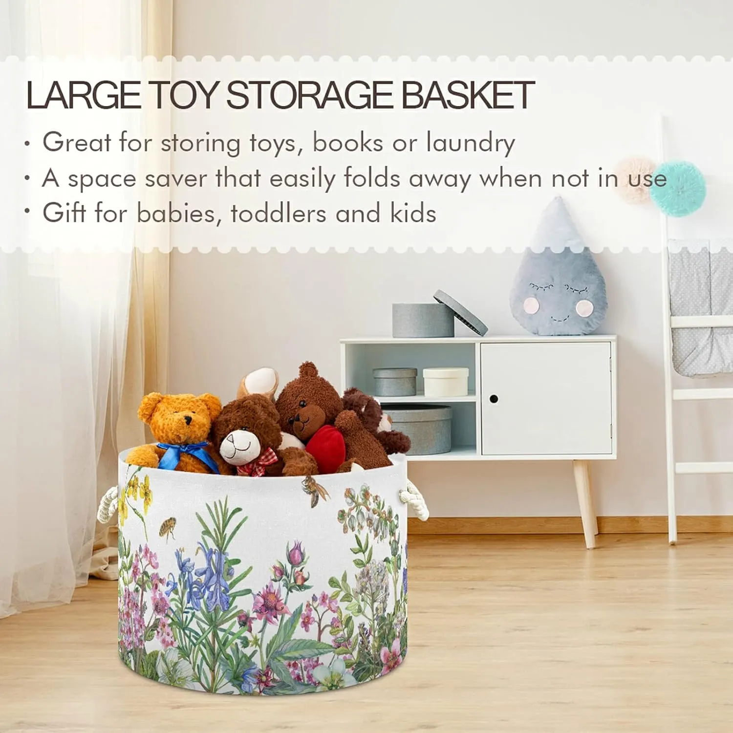 Cotton Rope Laundry Basket Wildflowers Baby Laundry Basket for Blankets Toys Storage Basket